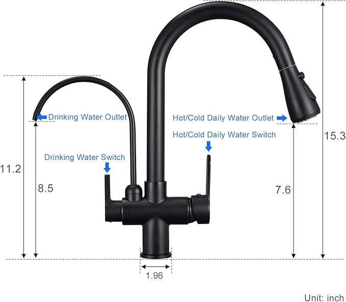 POPFLY Modern Kitchen Faucet with Drinking Water Faucet, 2 Handle 3 in 1 Water Filter Purifier Faucet with Pull Down Sprayer, Brass Body, Black