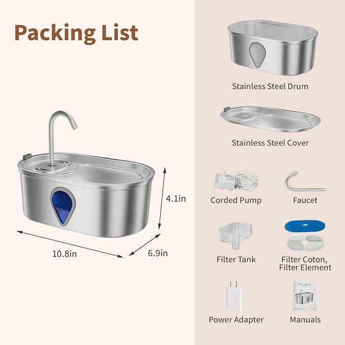 Cat Water Fountain Stainless Steel, 3.5l/118oz Cat Fountain with Water Level Window Silent Pet Fountain for Drinking, Automatic Cat Water Dispenser Indoor（118oz）