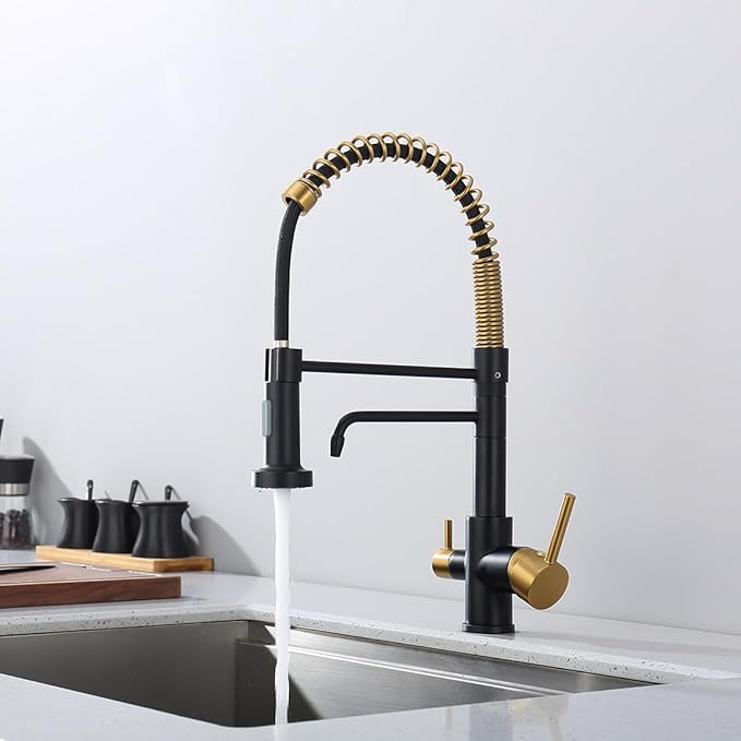 3 Way Kitchen Faucet, Drinking Water Faucet, Filter Kitchen Faucet for Water Filtration System, 3 in 1 Commercial Style Pull-Down 2 Handles, Black and Brushed Gold