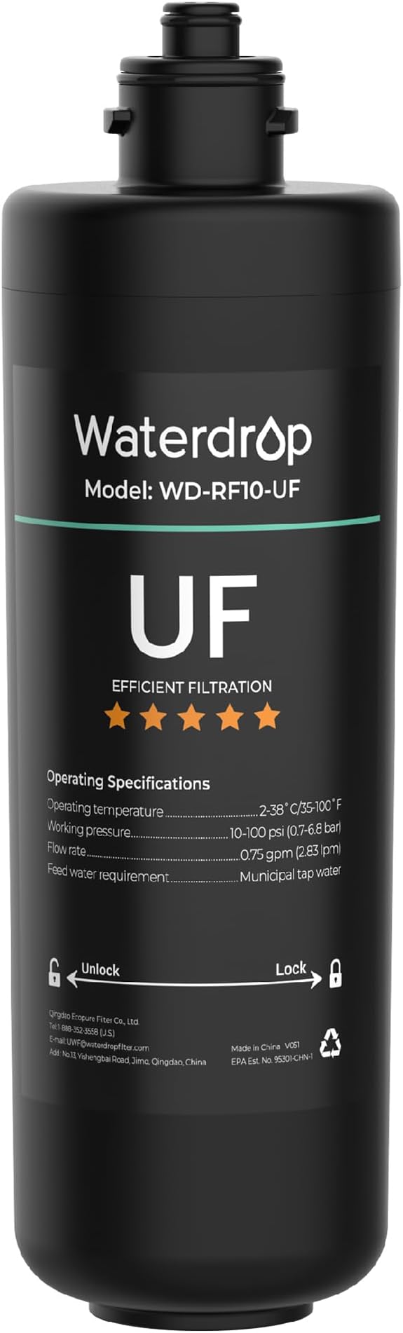 Waterdrop RF10-UF 0.01 Micron Replacement Filter Cartridge For 10UA/10UA-UF/10UB/10UB-UF Under Sink Water Filter, 11K Gallons High Capacity（𝐍𝐨𝐭 𝐜𝐨𝐦𝐩𝐚𝐭𝐢𝐛𝐥𝐞 𝐰𝐢𝐭𝐡 𝐓𝐒𝐀-𝐔𝐅)