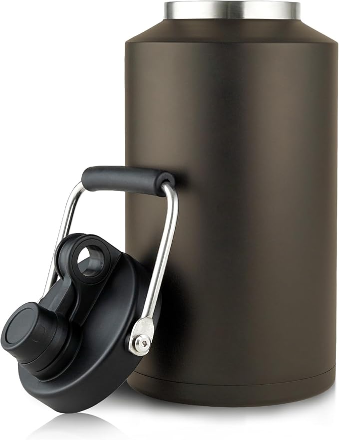 1 Gallon Water Bottle Insulated Stainless Steel Keeps Ice 48Hr, Large Water Gallon Jug Wide Mouth Leakproof Vacuum for Gym, Camping, & Construction Dark Khaki
