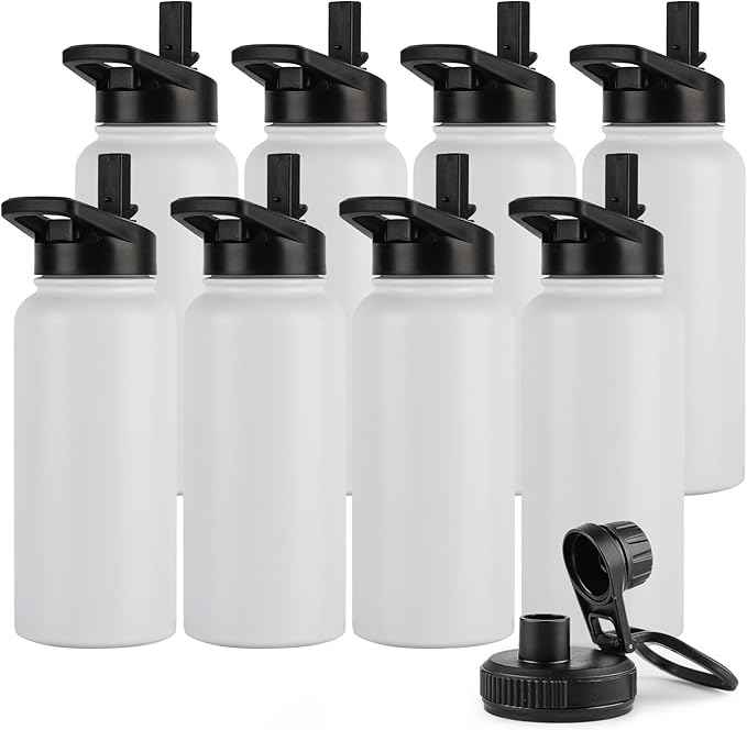 DOMICARE 32 oz Insulated Water Bottle Bulk, Vacuum Insulated Stainless Steel Sports Water Bottle with Straw Lid & Spout Lid, Leakproof, Reusable - Travel, Camping, Bike, White (8 Pack)