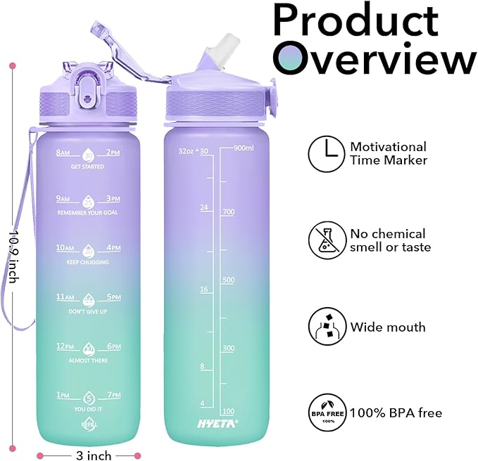 Hyeta 32oz Water Bottles with Straw - Stay Motivated and Hydrated with Convenient Times to Drink Markings, Durable, Leak-proof