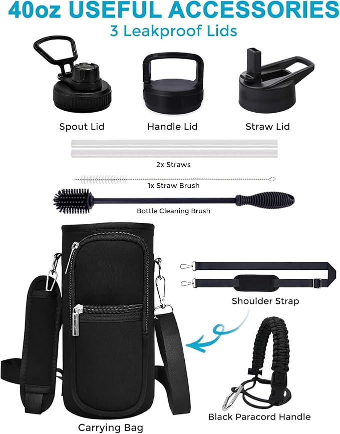 Travel Water Bottle with Carrying Bag, 3 Lids (Spout, Straw, Handle), and Bottle Brush; Leak Proof, Quality, Vacuum Insulated, Stainless Steel (Storm Cloud, 40 oz)