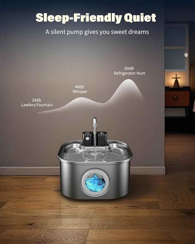 Wireless Cat Water Fountain Stainless Steel with 4 Filters & 4 Sponges, 3.2L/108oz Battery Operated Pet Fountain, Cordless Pet Water Dispenser for Cats and Dogs