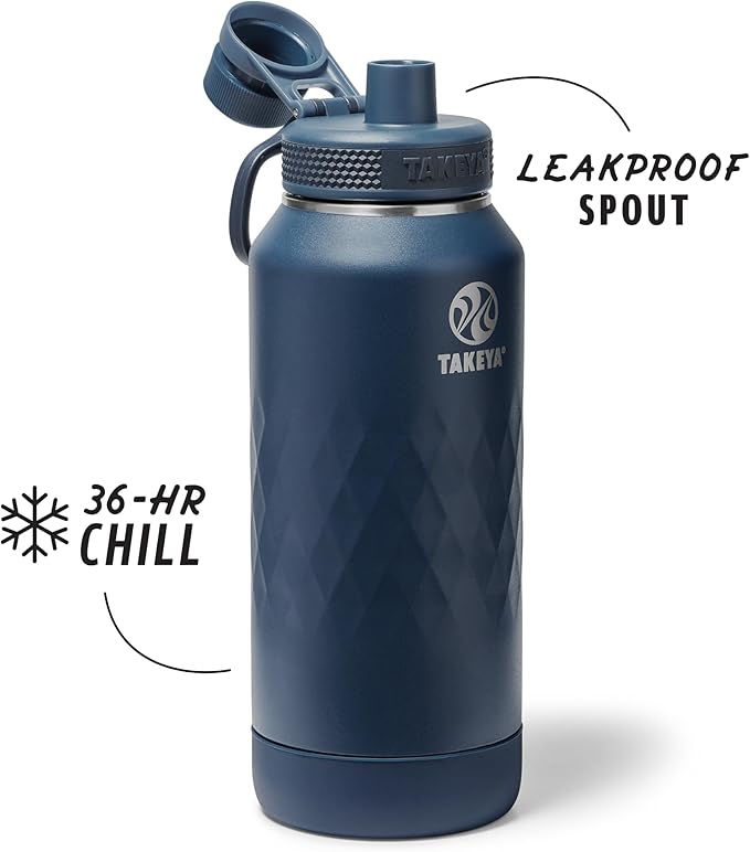 Takeya Sport 32 oz Triple-Insulated Stainless Steel Water Bottle, Spout Lid – Leakproof, Sweatproof, BPA-Free, Keeps Drinks Cold 36 Hrs, Hot 14 Hrs – Indigo