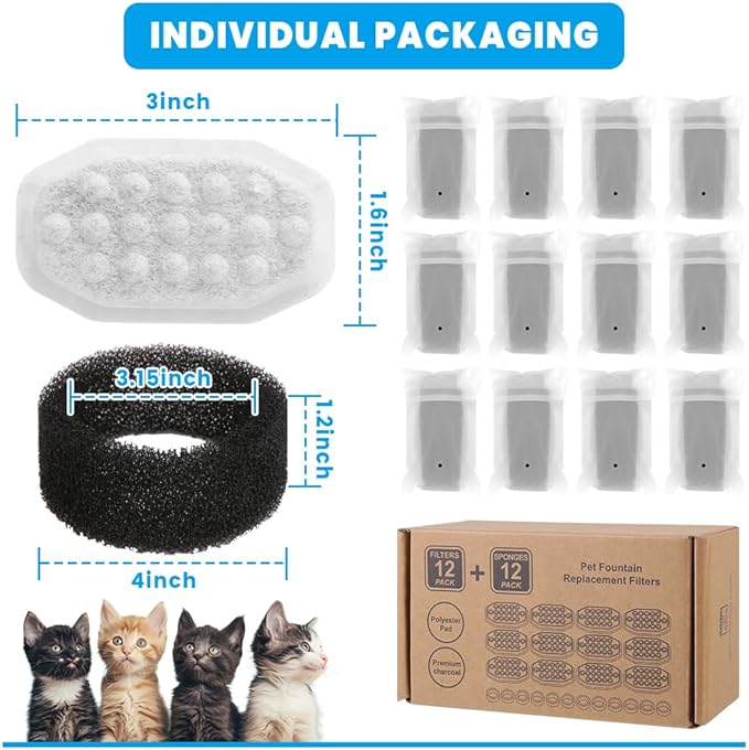 24 PCS Cat Water Fountain Filter for 108oz/3.2L Stainless Steel Dispensers – 12 Pack Replacement Filters for Pet Fountains – 12 Carbon + 12 Sponge – Improves Water Quality & Reduces Odors
