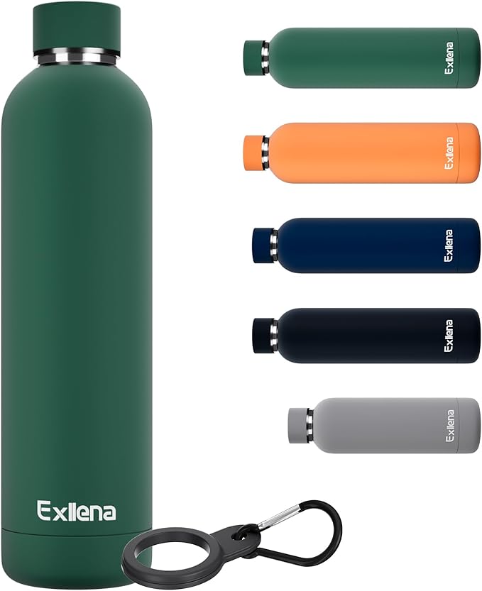 Exllena Slim Insulated Water Bottles for Travel 32oz with Clip, Double Wall Vacuum Stainless Steel Water Bottle Keeps Drinks Cold 24 Hrs/Hot 12 Hrs, 100% Leakproof, BPA Free(Emerald Green)