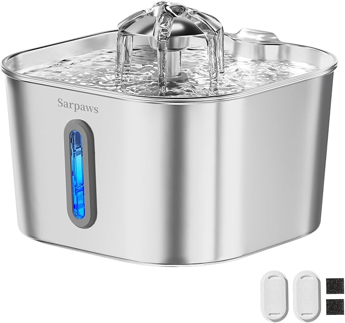 Cat Water Fountain Stainless Steel：74oz/2.2L Water Fountains for Cats Indoor, Cat Fountains for Drinking, Ultra-Quiet, Water Level Window, Pet Water Fountain - 2 Filters + 2 Sponges