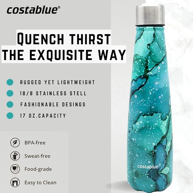 Insulated Water Bottle - On-The-Go Refillable Stainless Steel Water Bottles For Adults, Reusable Thermos Travel Tumbler With Leak-proof Lid For Hot & Cold Beverages (17Oz. Bubbly Green)