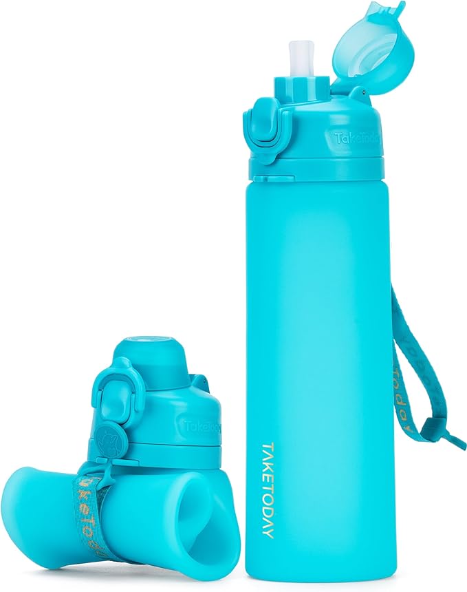 TakeToday Collapsible Water Bottles 20oz (600mL), Foldable Platinum Silicone Travel Water Bottle with Straw & Carry Strap, Leak-Resistant Screw Lid, Wide Mouth, BPA-Free for Hiking, Camping, Travel
