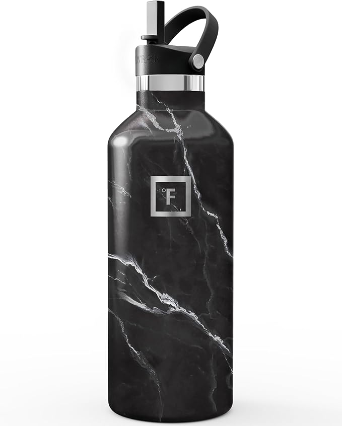 IRON °FLASK Camping & Hiking Hydration Flask with Straw, Narrow Mouth Insulated Stainless Steel Sports Water Bottle - Black Marquina 32 oz - Straw (1 Lid)