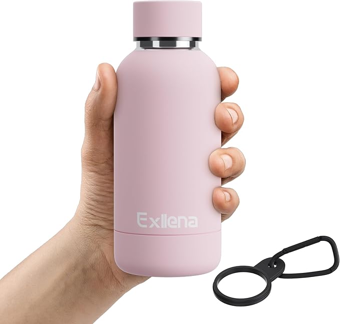 Exllena Small Water Bottle 12oz with Clip, Double Wall Stainless Steel Vacuum Small Insulated Water Bottle Keeps Drinks Cold 24 Hrs/Hot 12 Hrs for Kids Handbag School BPA Free (Pink)
