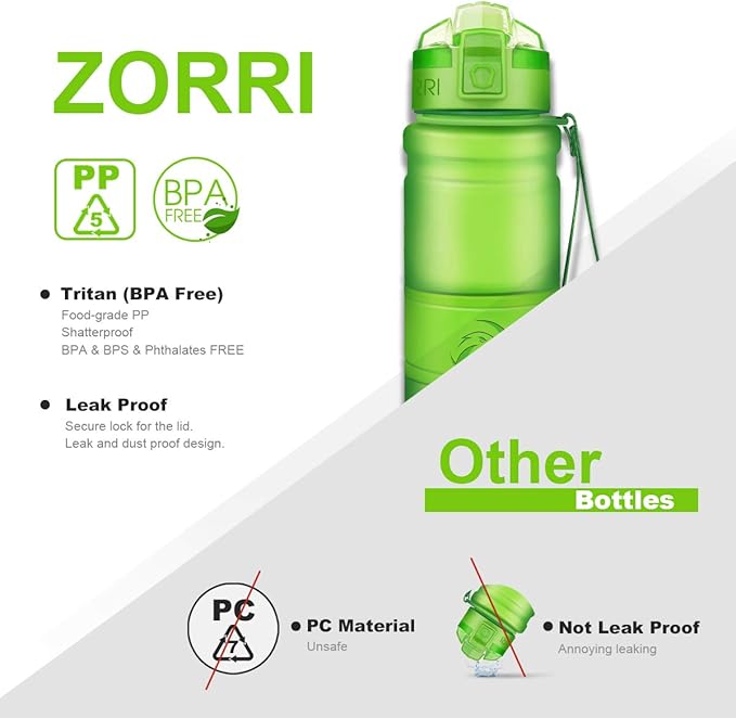 ZORRI Sports Water Bottle, 400/500/700ml/1L, BPA Free Leak Proof Tritan Lightweight Bottles for Outdoors,Camping,Cycling,Fitness,Gym,Yoga- Kids/Adults Drink Bottles with Filter, Lockable Pop Open Lid