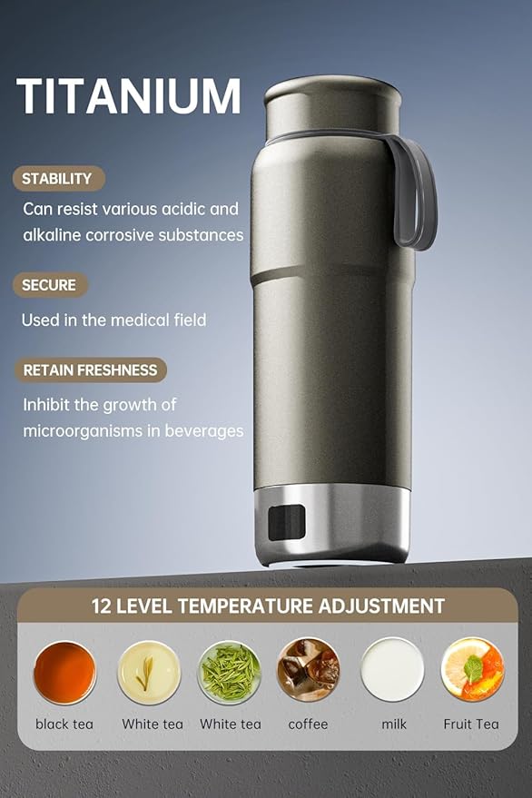 Pure Titanium Travel Kettle, 520ML Portable Electric Kettle, 12 Temp Presets, Dual Voltage 100-240V, Temp Control, Fast Boil, BPA-Free, Leak-Proof for Tea, Coffee, Baby Formula, Office & Hotel (Gray)