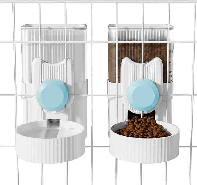 Hanging Cage Automatic Small Pet Food Bowl Water Bottle Dispenser, 1L Auto Gravity Pet Feeder and Waterer Set Kennel Feeding Station Crate Feeder Dish for Rabbit Puppy Cats Ferret (Blue)