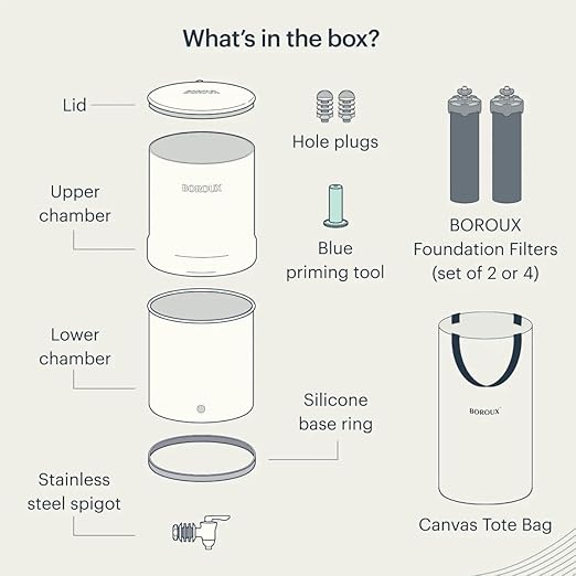 Boroux Legacy Gravity-Fed Countertop Stainless Steel Water Filter System | 3 Gallons with 2 Authentic Black Foundation. Filters | Sage