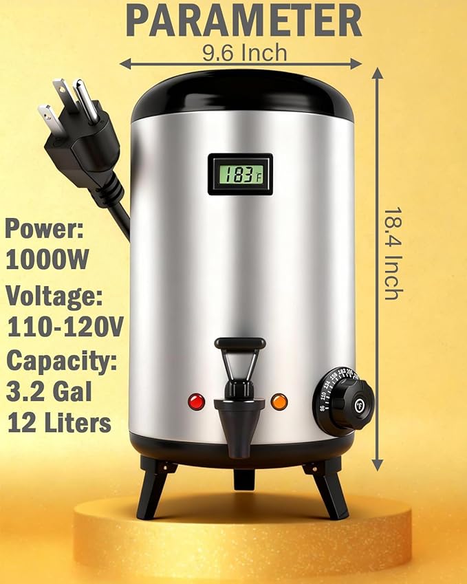 Electric Insulated Beverage Dispenser With Heating – 75 Cup Hot & Cold Drink Water Urn with Spigot – 12 L / 3.2 Gallon Stainless Steel Hot Coffee & Tea Drink Dispenser for Catering, Juice, Milk,Silver