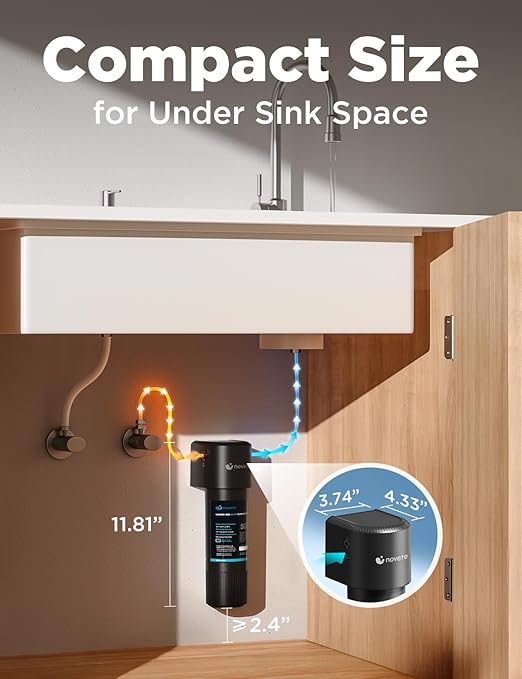NOVETE Under Sink Water Filter, 3-Years, 30000 Gallons, Reduce 99.5% Chlorine, PFAS, Bad Taste, NSF/ANSI 42/372, Water Filtration System with Stainless Faucet, USA Tech, Do Not Reduce TDS, UWF1A-KPC