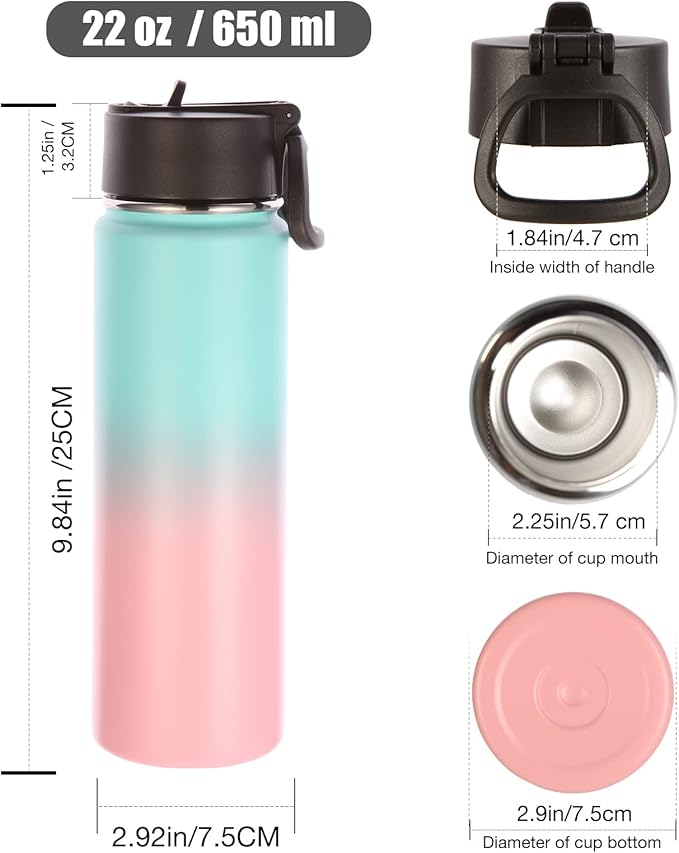 Volhoply Insulated Water Bottles with Straw Bulk 4 Pack, 22 oz Stainless Steel Sports Bottle with Handle Lid,Double Walled Vacuum Metal Travel Water Cups Flask for School Hiking(Green Pink,4 Set)