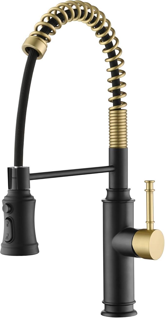 Sumerain Pull-Out Spring Sprayer Kitchen Sink Faucet with 360° Rotating Spout and Single Level Handle, Black and Gold