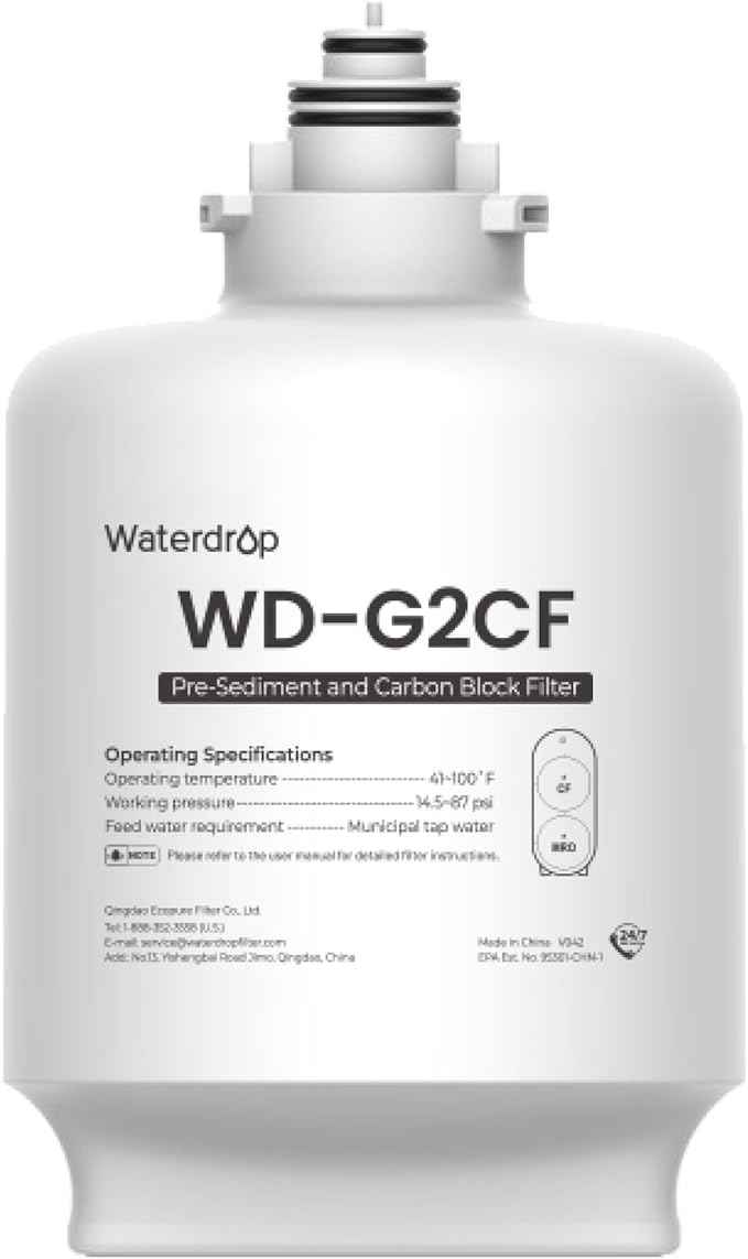 Waterdrop WD-G2CF Filter, Replacement for WD-G2-W, WD-G2-B, WD-G2P600-W Reverse Osmosis System,12-month Lifetime