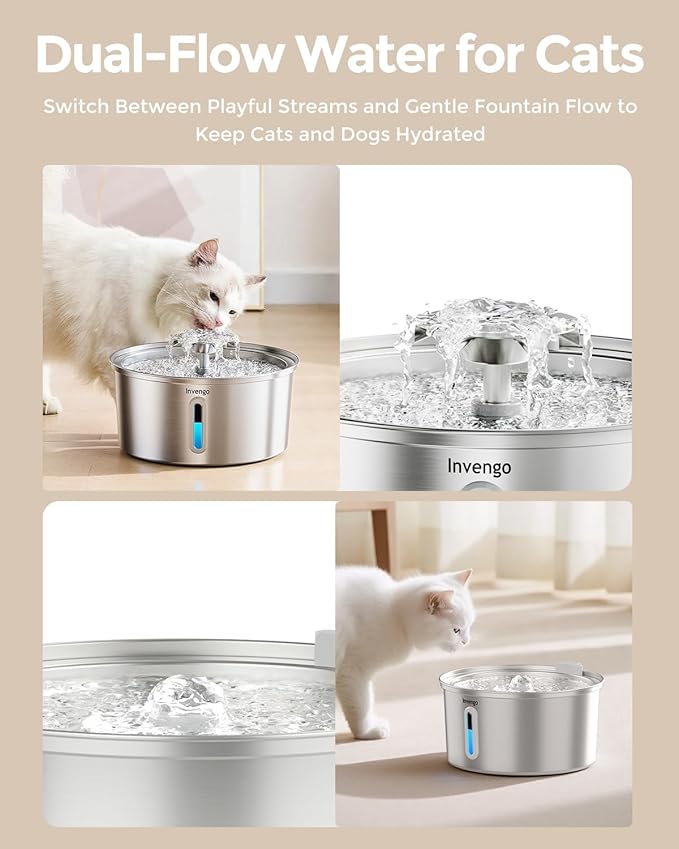 Cat Water Fountain Stainless Steel, 3.2L/108oz Pet Drinking Fountain for Cats Dogs, Automatic Cat Fountain with 2 Flow Modes, Splash-Proof Bowl, Includes 8 Replacement Filters