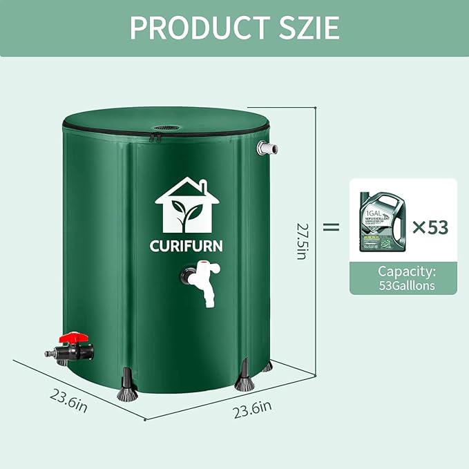 53 Gallon Rain Water Barrel, Portable Rainwater Collect System Water Storage Tank Collapsible Rain Barrel with Filter, Spigot & Overflow Kit (Reinforced Liner+Thickened Legs) - Green
