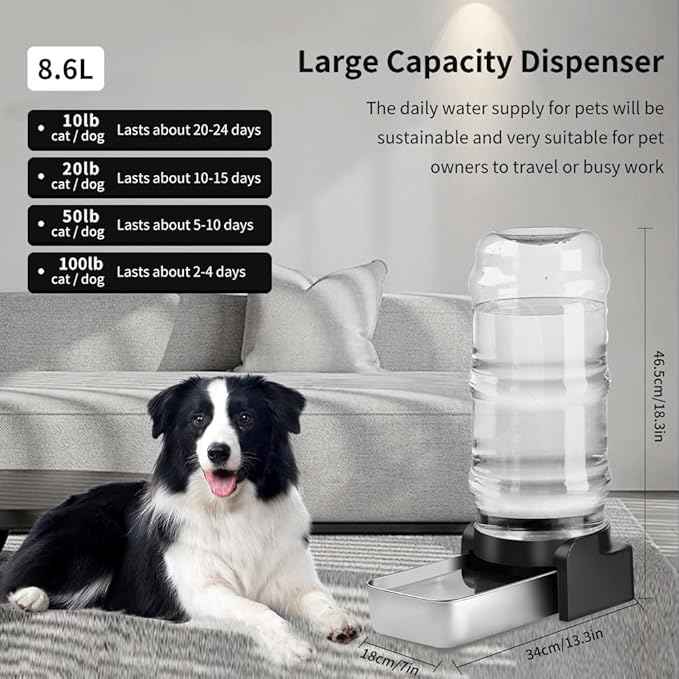 Marchul 2.3 Gallon Dog Water Dispenser, Large Dog Water Dispenser with Placemat and Stainless Steel Bowl, Automatic Gravity Pet Bowl for Dogs Medium to Large (8.6L + 3 Filters + Mat)