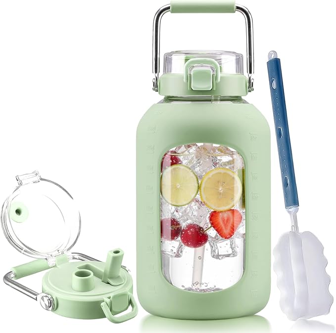 BLUEGO 100 oz Glass Water Bottle with Straw, Huge 3 Liter Water Bottle with Sturdy Handle, Glass Water Jug with Sleeve, Wide Mouth Water Container with Time Marker, Light Green