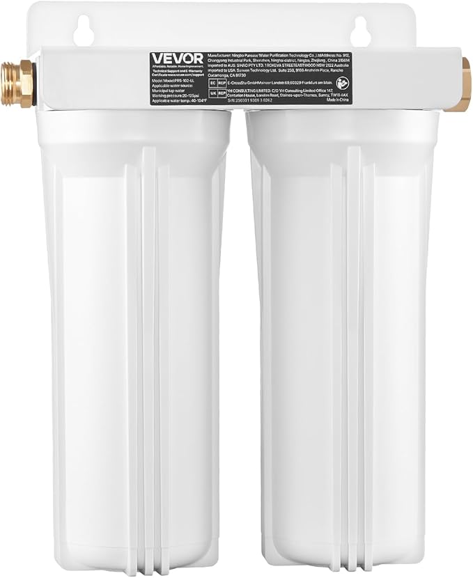 VEVOR RV Water Filter, 2-Cartridge 2.5 x 10 in Water Filter System for RV, Remove Sediments, Chlorine, Bad Tastes, Odors, and Most Contaminants, RV Filter for Campers, Boats, Vans
