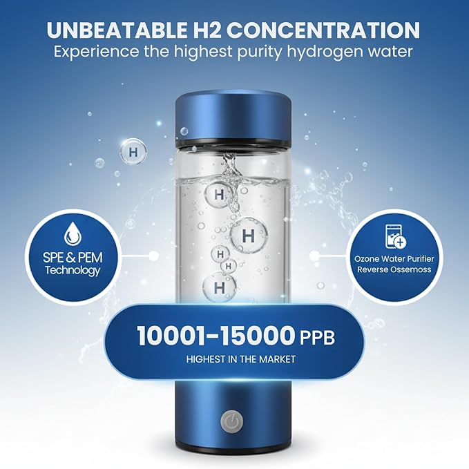 Hydrogen Water Bottle, Portable & Rechargeable – Molecular Hydrogen Water Generator, Alkaline Ionizer, Hydrogenated Water Purifier for Health & Fitness with Hydrogen-Rich Water Blue