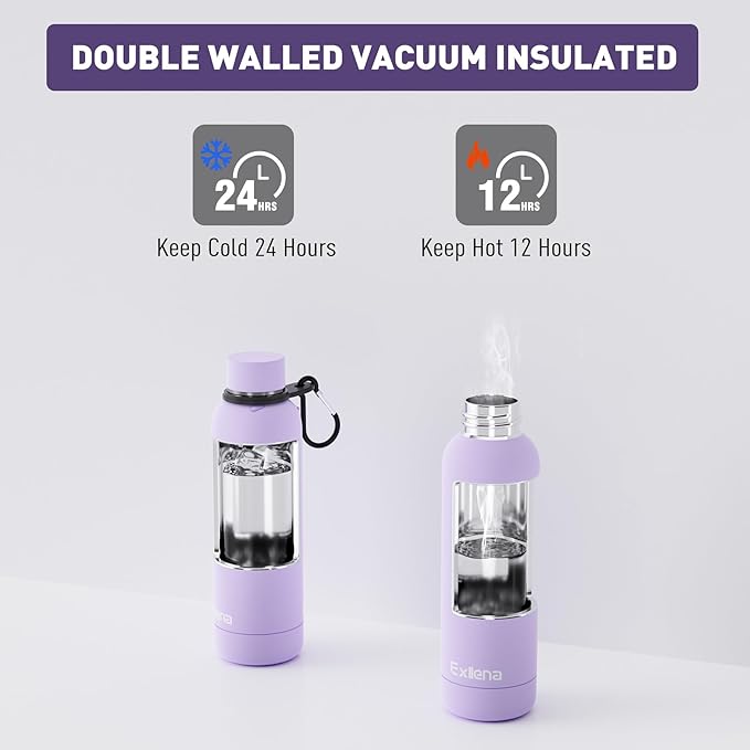 Exllena Slim Insulated Water Bottles for Travel 18oz with Clip, Double Wall Vacuum Stainless Steel Water Bottle Keeps Drinks Cold 24 Hrs/Hot 12 Hrs, 100% Leakproof, BPA Free(Purple)