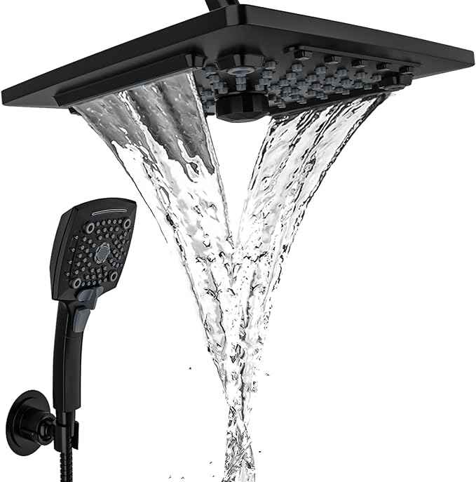 ELLO&ALLO Rain Shower Head with Handheld Spray, Rainfall Shower Head Combo with 60" Hose, Adjustable Dual Showerhead Set with 3-Way Diverter, Matte Black