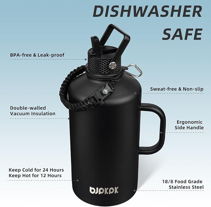 BJPKPK 1 Gallon Water Bottle Insulated with Straw Lid, 128oz Large, Stainless Steel Water Bottles with 3 Lids and Paracord Strap, Double Wall Vacuum Metal Water Jug,Black