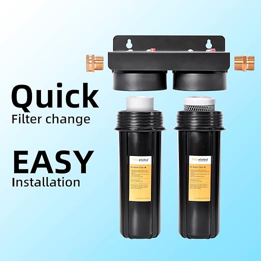 Filterelated RV Dual Water Filter System with 3/4 "Brass Fittings Two Filters Included Reduces Sediment,Chlorine,Bad Taste and Odors,Suitable for RVs,Boats,Farming & Gardening (Black)