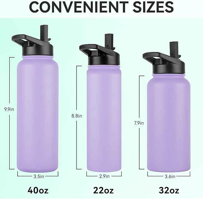 DOMICARE 40 oz Insulated Water Bottle Bulk, Vacuum Insulated Stainless Steel Sports Water Bottle with Straw Lid & Spout Lid, Leakproof, Reusable - Travel, Camping, Bike, Purple (4 Pack)