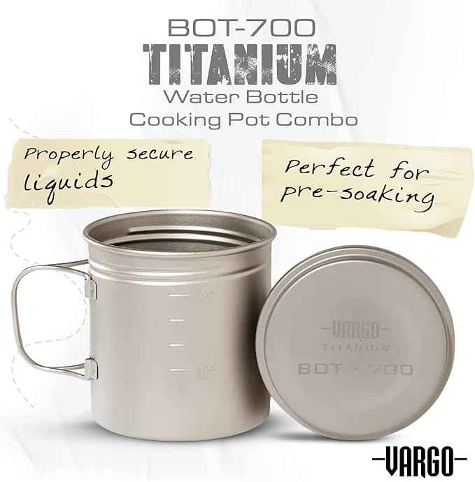 Vargo Titanium BOT Series | Vargo BOT - 700 | Titanium Cooking Pot and Water Bottle with Foldable Handles and Watertight Lid | 700ml (23 oz.)