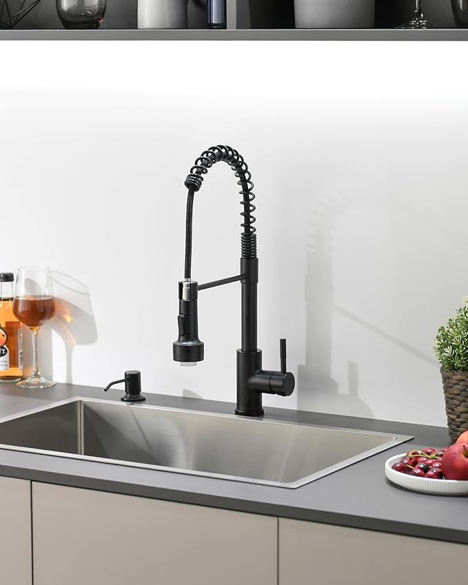 GIMILI Matte Black LED Kitchen Faucet with Soap Dispenser, Modern Single Handle Spring Kitchen Sink Faucets with Pull Down Sprayer