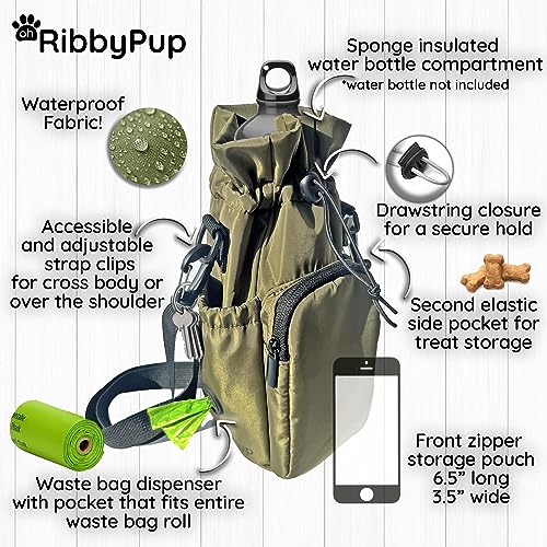 RibbyPup Waterproof Dog Walking Bag with Universal Water Bottle Holder