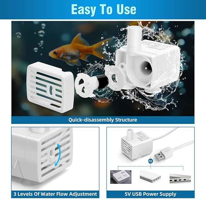 Cat Water Fountain Pump Ultra-Quiet USB 5V Submersible Pet Drinking Fountain Replacement Pump IPX8 Waterproof Cat Water Dispenser Pump