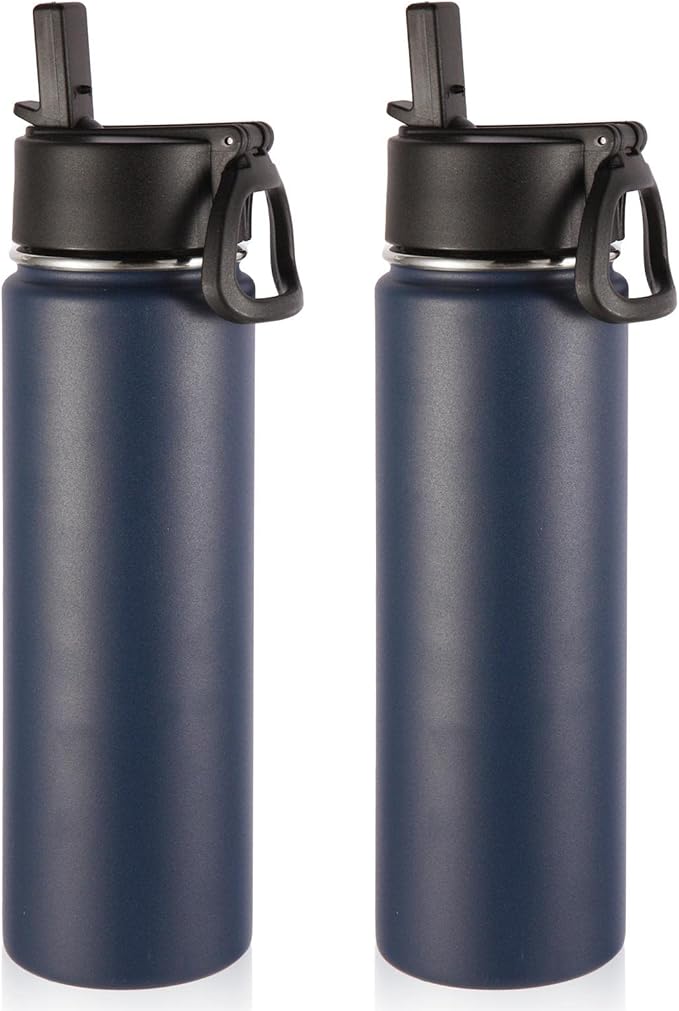 Volhoply Insulated Water Bottles with Straw Bulk 2 Pack, 22 oz Reusable Stainless Steel Sports Bottle with Handle Lid, Double Walled Vacuum Metal Travel Cold Water Cups with Wide Mouth (Navy,2 Set)