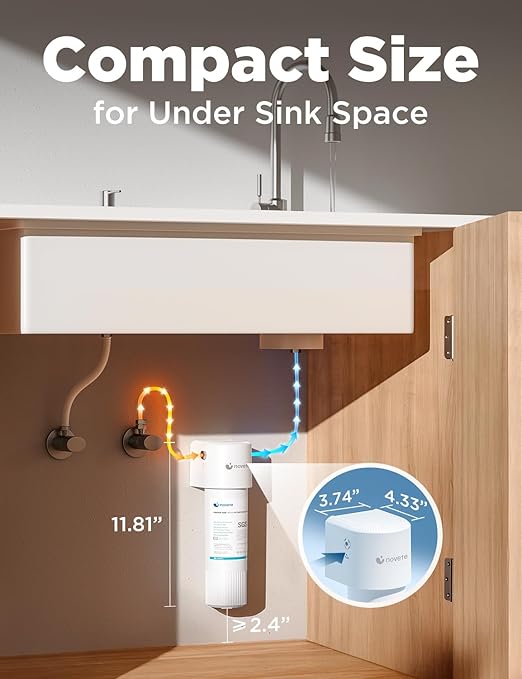 NOVETE Under Sink Water Filter UWF0A‑PC, NSF/ANSI 42 & 372 Certified, Reduces 99.5% Chlorine, Lead, PFOA/PFOS, Bad Taste, Direct Connect to Kitchen Faucet, 30K Gallons, USA Tech, White