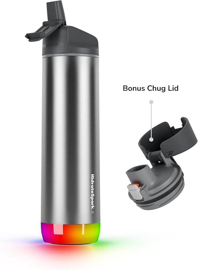 Hidrate Spark PRO Smart Water Bottle - Tracks Water Intake & Glows to Remind You to Stay Hydrated, Chug & Straw lid, 21oz (Brushed)