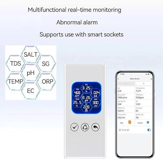 7-in-1 Smart Water Quality Monitor, pH TDS EC ORP Temperature Salinity Meter for Freshwater & Saltwater Aquariums, Hydroponics-Split Version