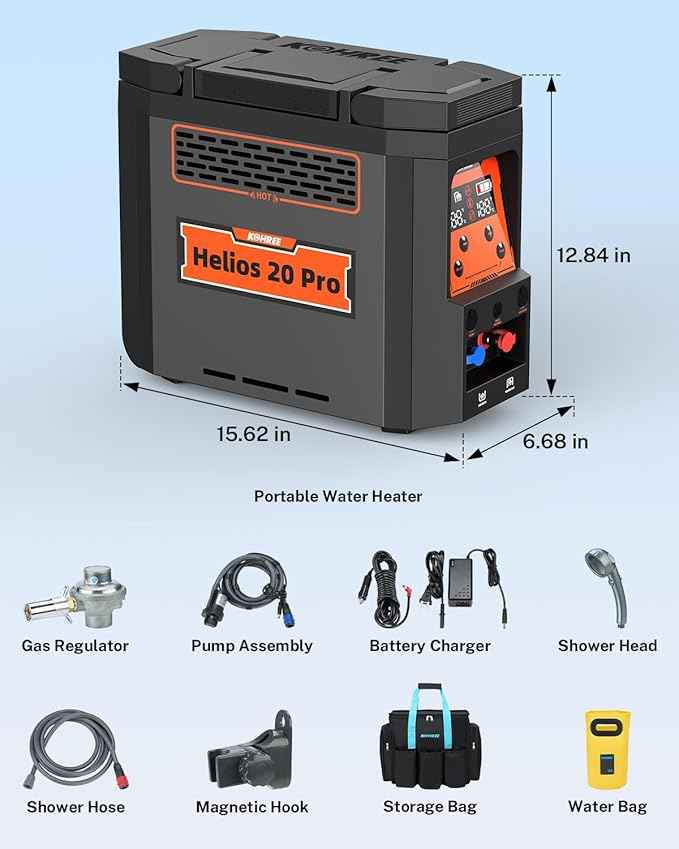Kohree Helios 20 Pro, Portable Water Heater, 20,000 BTU 4000mAh Rechargeable Battery, Shower Pump, Propane Water Heater for Outdoor Camping Cleaning