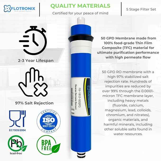 Flotronix 1–5 Stage RO Water Filter Replacement Set – 50 GPD Reverse Osmosis System Kit with 1/4" Output – Compatible with APEC & Most Standard RO Systems – Sediment, Carbon, Membrane & Post Filter