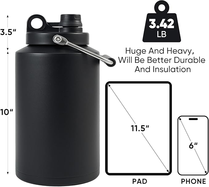 Insulated Gallon Jug with Handle, One Gallon, 128oz Stainless Steel, Large Double Vacuum Water Bottle for Cold Drinks, Wide Mouth, Sweat Proof, Carrier bag, Great for Travel, Camping, Black