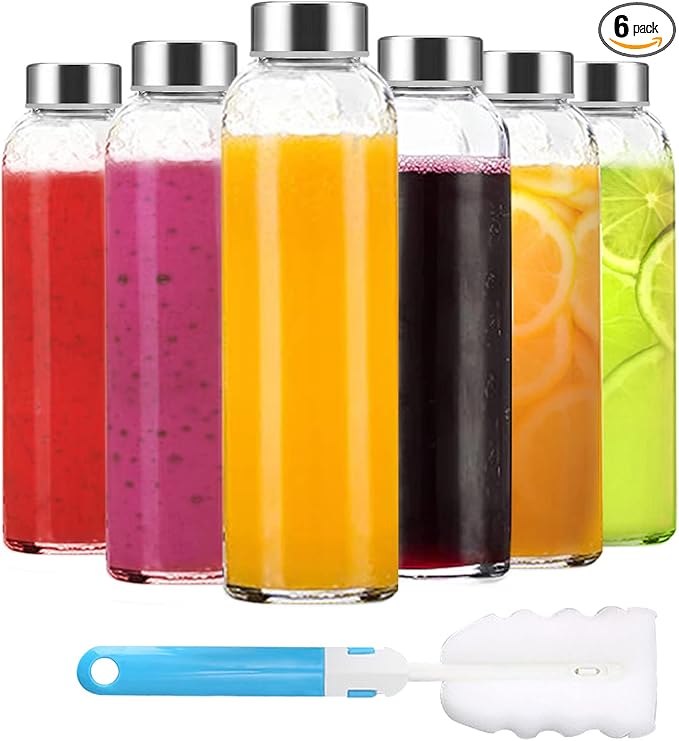 Clear Glass Bottles with Lids 18 oz, Reusable Glass Water Bottles with Stainless Steel Cap for Refrigerator, Juicing, 100% Leak Proof, BPA Free, Juice Bottle Drinking Jar Containers Set of 6