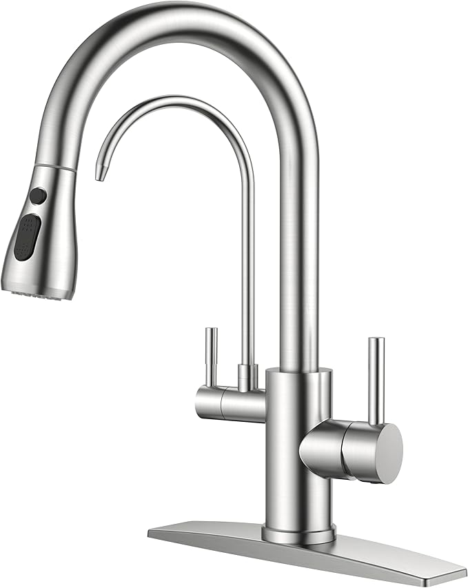 FORIOUS Kitchen Faucets with Water Filter, 2 in 1 Stainless Steel Pull Down Sink Faucet and Purified Water Faucet Rustic High Arc Single Handle with Detachable Deck for 1 or 3 Hole, Brushed Nickel